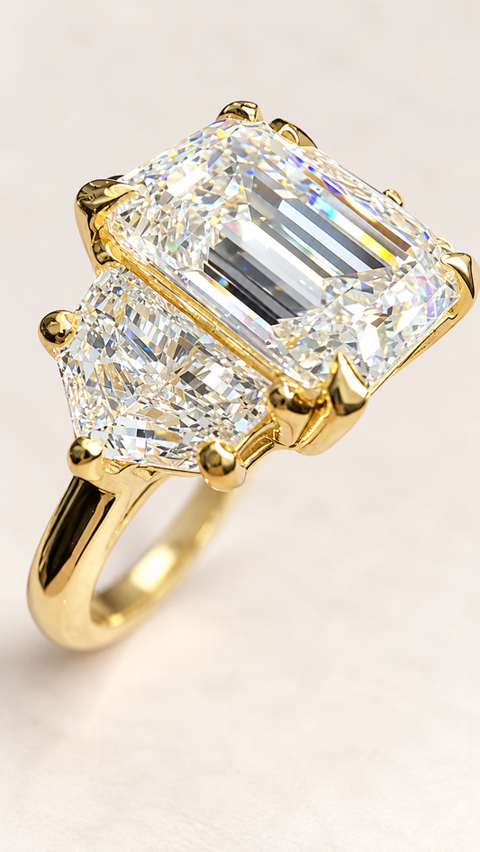 4.64 CTW Emerald & Cadillac-Cut Three-Stone Diamond Ring | 14K Yellow Gold | IGI Certified Lab Grown D VS1 Center