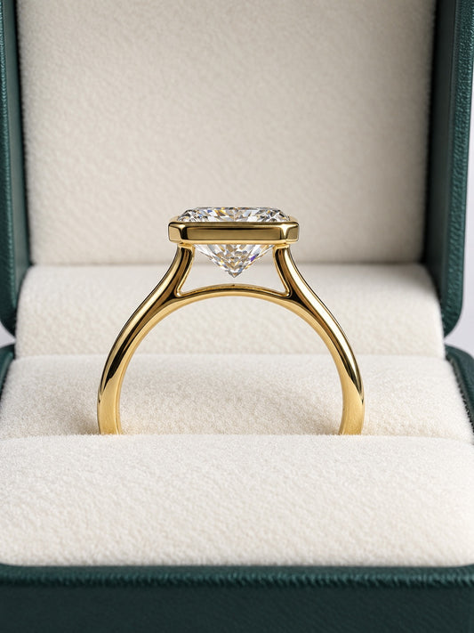 3 Ct E VS1 Radiant Cut Bezel Cathedral Engagement Ring – 14K Yellow Gold | IGI Certified