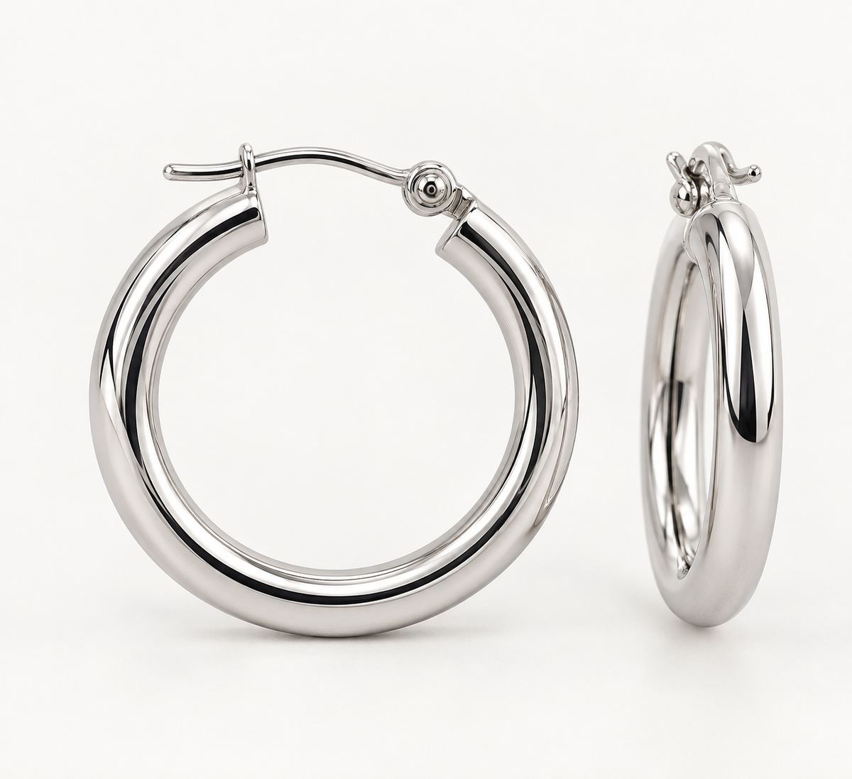 14K White Gold Polished Hoop Earrings – 3mm × 20mm