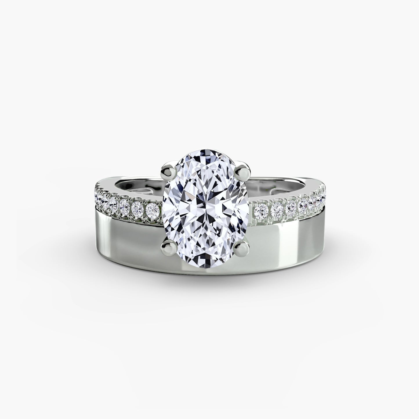 Wide Cigar Band Solitaire Engagement Ring with Pavé Accent