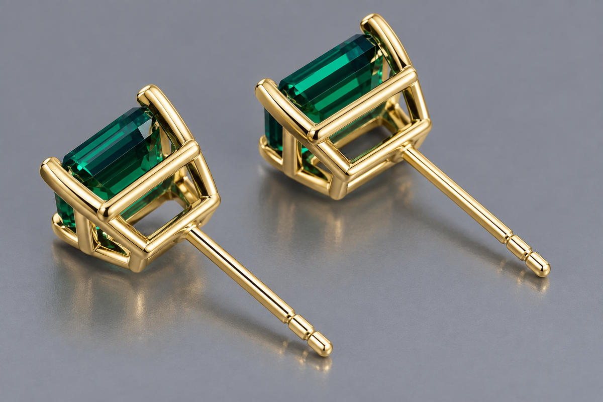 7x5mm Oval Hydrothermal Emerald Stud Earrings – Colombian Green Color, 14kt Yellow Gold