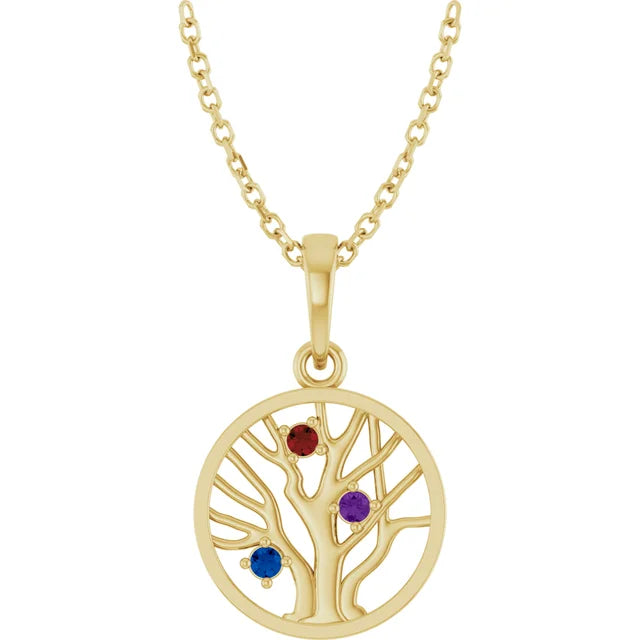 14K Yellow Gold Round Family Tree Birthstone Necklace Custom (1-5 Stones) 5C
