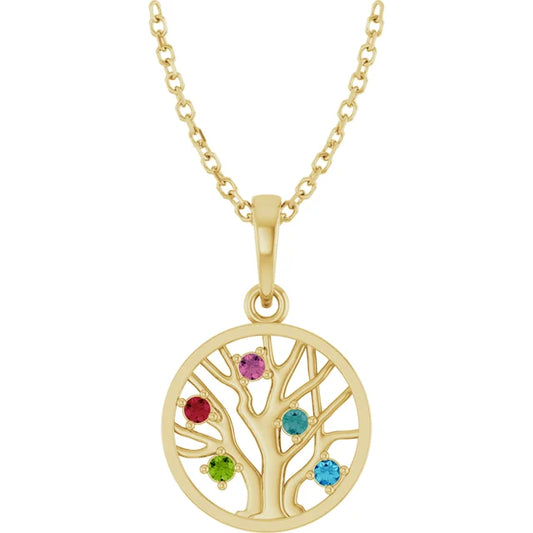14K Yellow Gold Round Family Tree Birthstone Necklace Custom (1-5 Stones) 5C