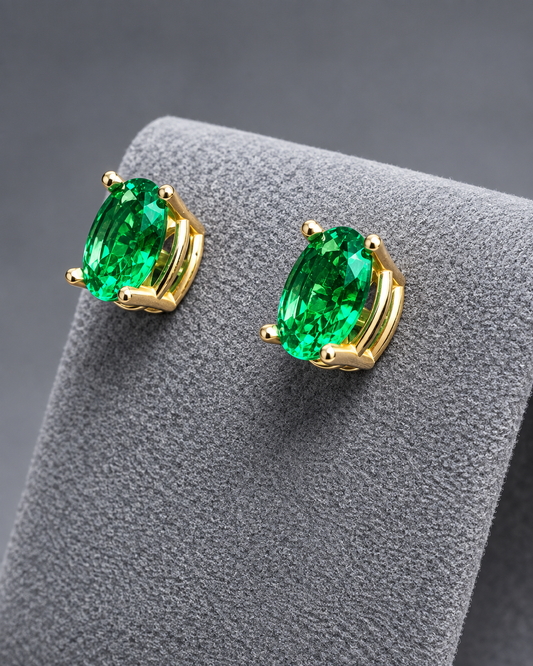 7x5mm Oval Hydrothermal Emerald Stud Earrings – Colombian Green Color, 14kt Yellow Gold