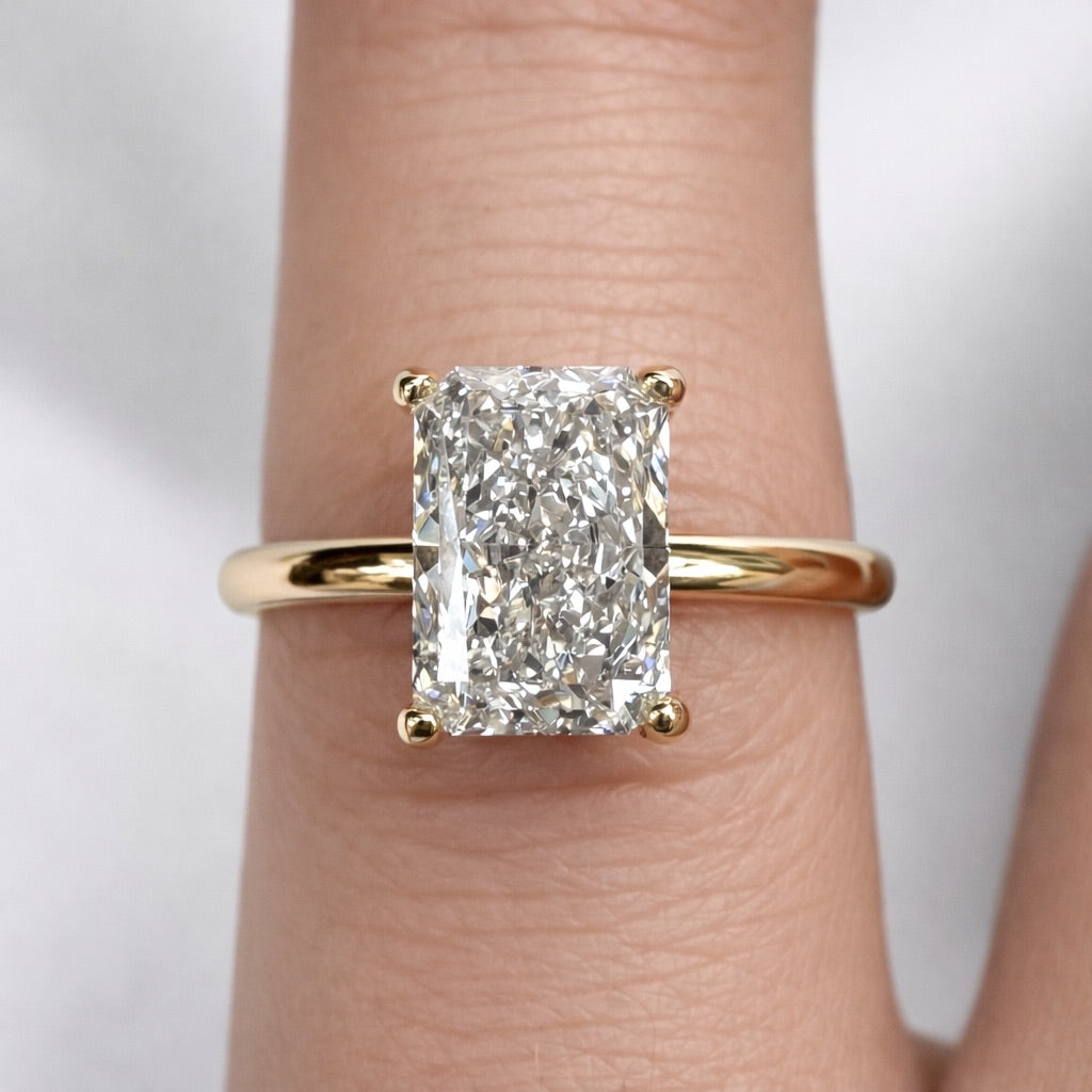 2 CT Emerald or Radiant Cut Diamond Solitaire Engagement Ring – F+ Color VS Clarity – 10K Yellow Gold – 2 mm Band