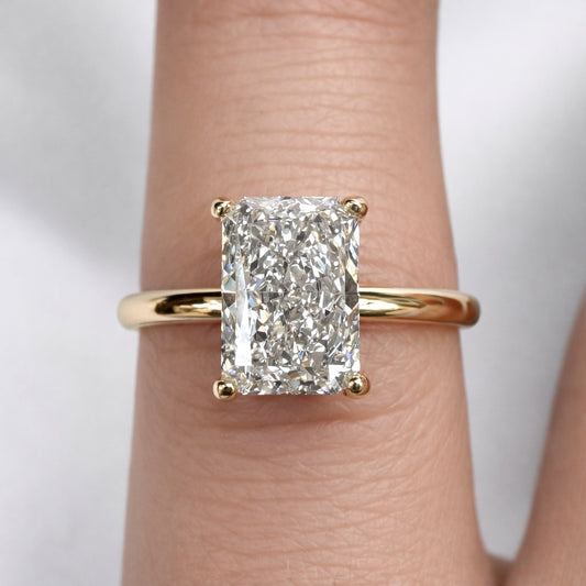 2 CT Emerald or Radiant Cut Diamond Solitaire Engagement Ring – F+ Color VS Clarity – 10K Yellow Gold – 2 mm Band