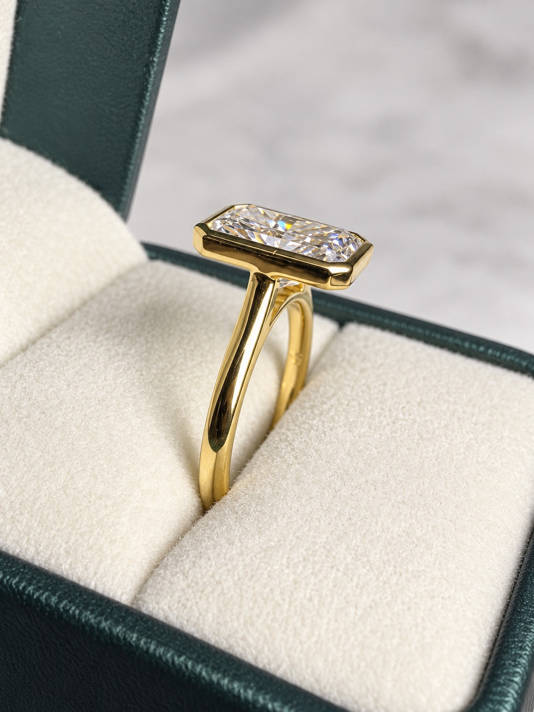 3 Ct E VS1 Radiant Cut Bezel Cathedral Engagement Ring – 14K Yellow Gold | IGI Certified