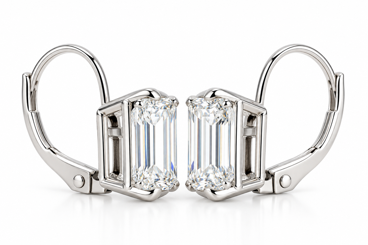 4 CTW Emerald-Cut Lab-Grown Diamond Leverback Earrings – 14K White Gold – IGI D/VS1