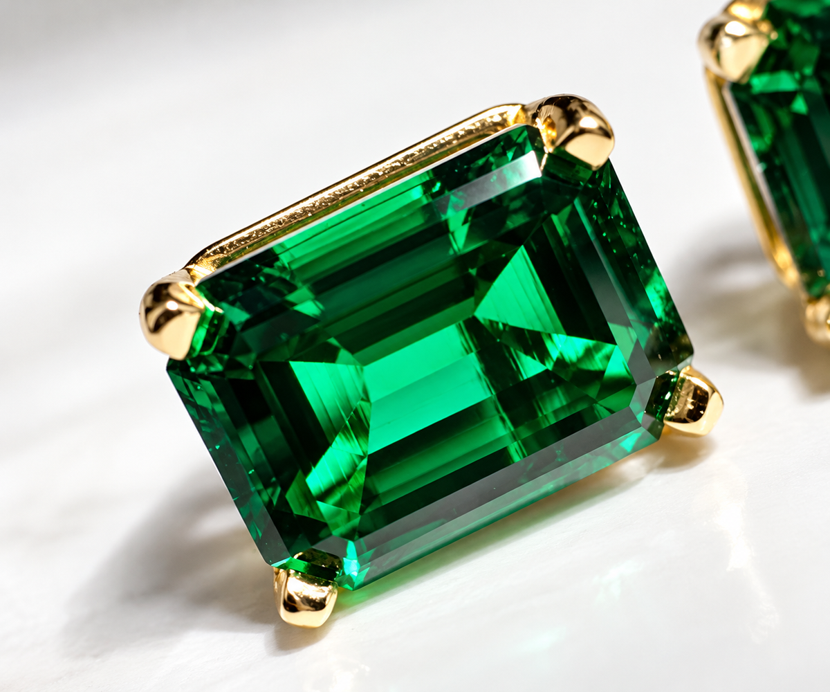 8×6mm Zambian Green Hydrothermal Emerald Stud Earrings | 14K Yellow Gold