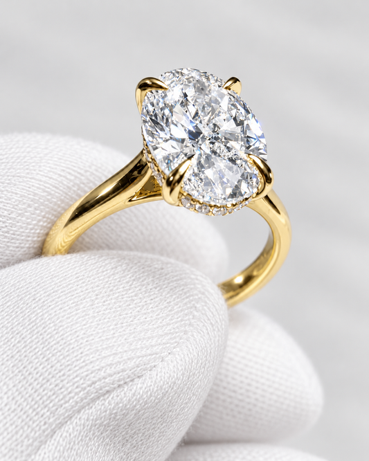 2.00 CT Oval Lab-Grown Diamond Hidden Halo Cathedral Ring – E/VS1, 14K Yellow Gold - IGI Certified