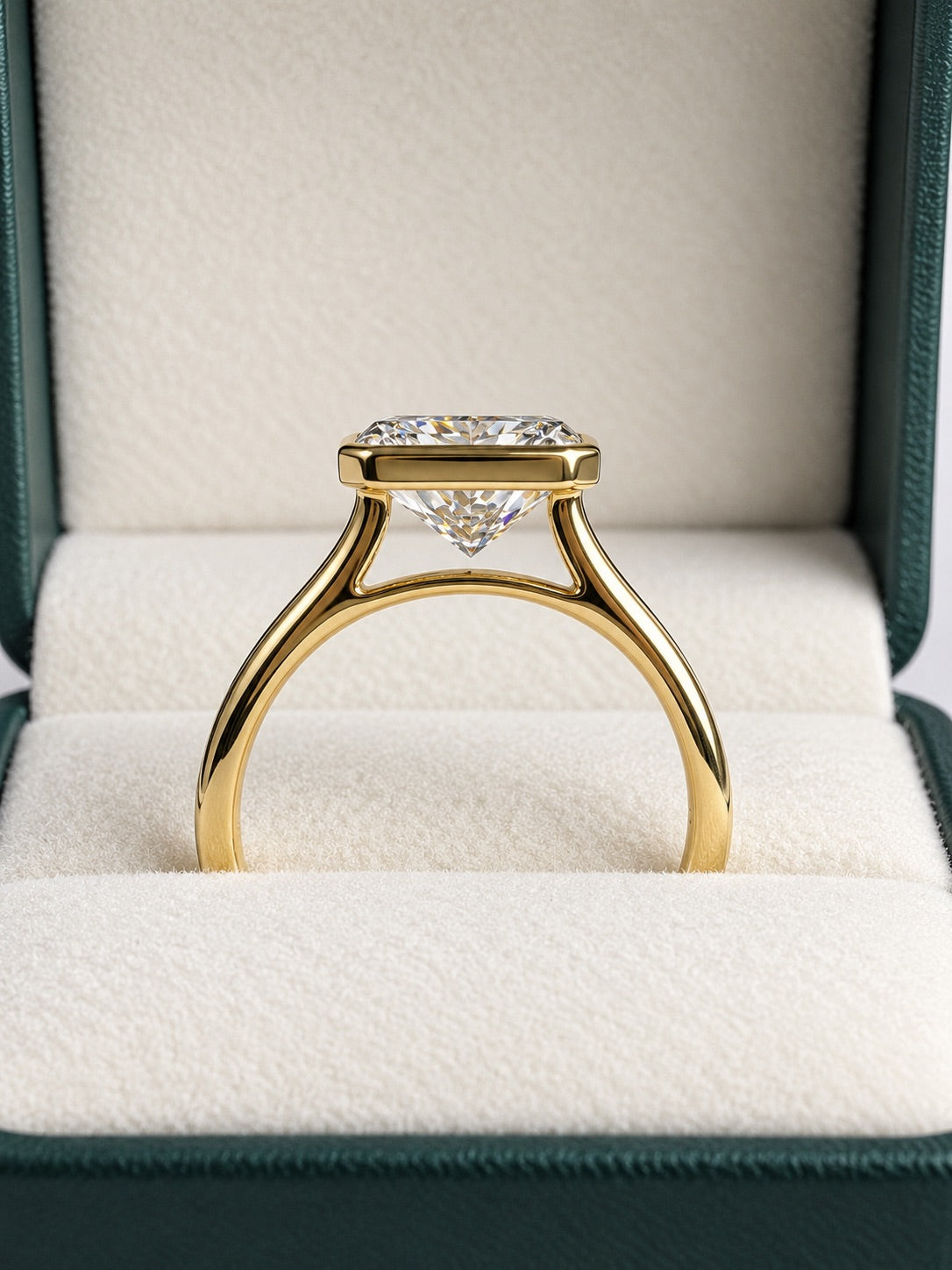 3 Ct E VS1 Radiant Cut Bezel Cathedral Engagement Ring – 14K Yellow Gold | IGI Certified