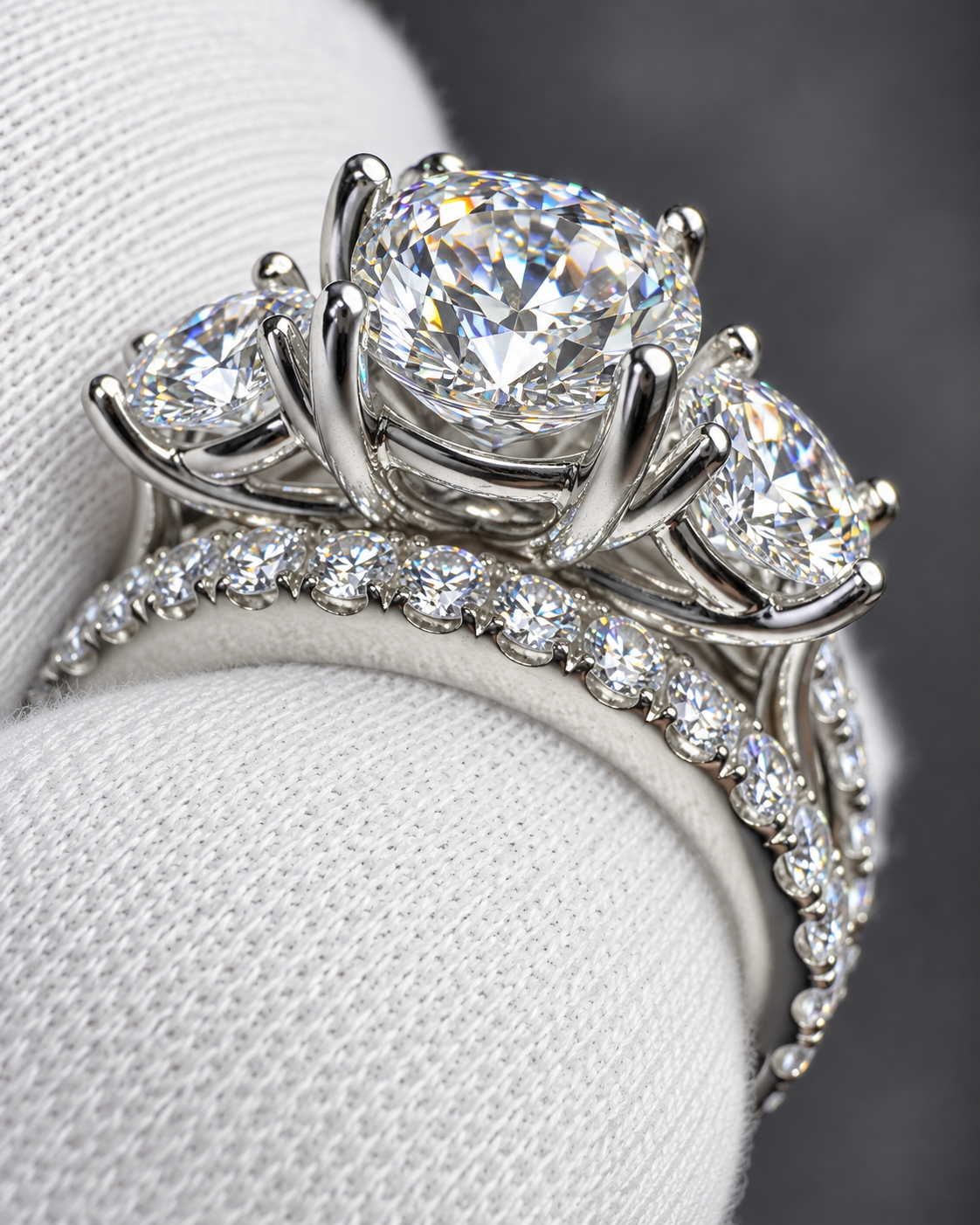 3.13 CTW Three-Stone Lab-Grown Diamond Ring – D/VS1 – Triple IGI Certified – 14K White Gold
