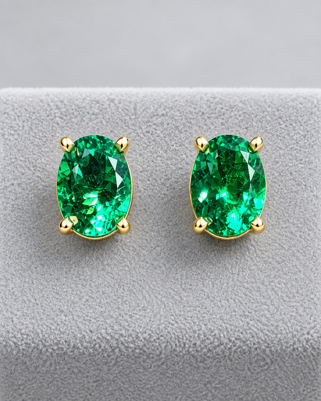7x5mm Oval Hydrothermal Emerald Stud Earrings – Colombian Green Color, 14kt Yellow Gold