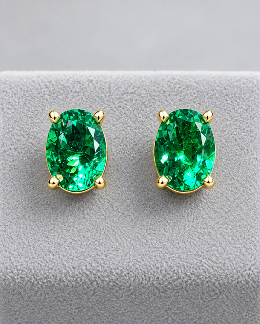 7x5mm Oval Hydrothermal Emerald Stud Earrings – Colombian Green Color, 14kt Yellow Gold