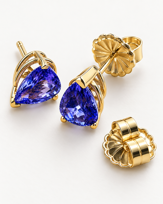 1.16 CTW Natural Tanzanite 7x5mm Pear Stud Earrings in 14K Yellow Gold | GSI Certified