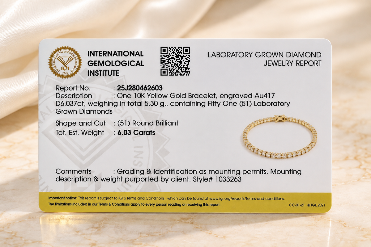 6.03 CTW Lab-Grown Diamond Tennis Bracelet – 10K Yellow Gold | D–E Color, VS–VVS Clarity | IGI Certified