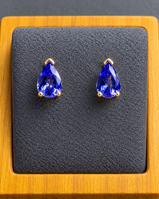 1.16 CTW Natural Tanzanite 7x5mm Pear Stud Earrings in 14K Yellow Gold | GSI Certified