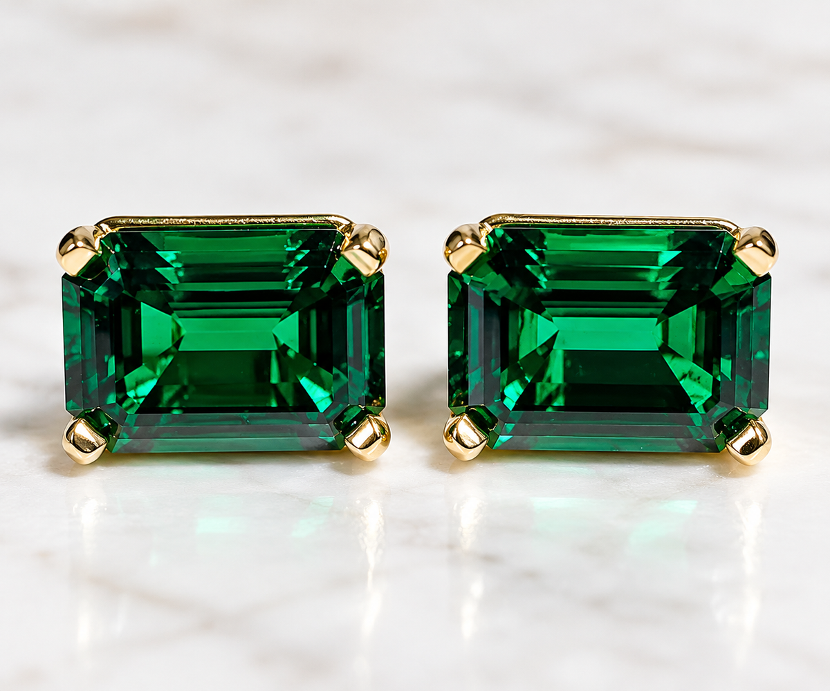 8×6mm Zambian Green Hydrothermal Emerald Stud Earrings | 14K Yellow Gold