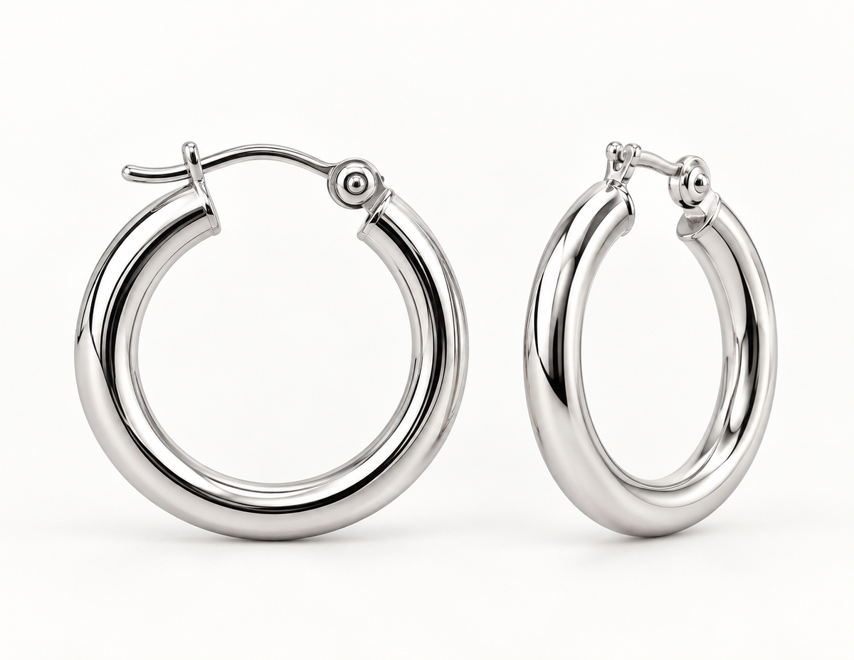 14K White Gold Polished Hoop Earrings – 3mm × 20mm