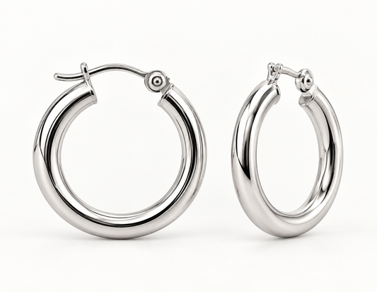 14K White Gold Polished Hoop Earrings – 3mm × 20mm