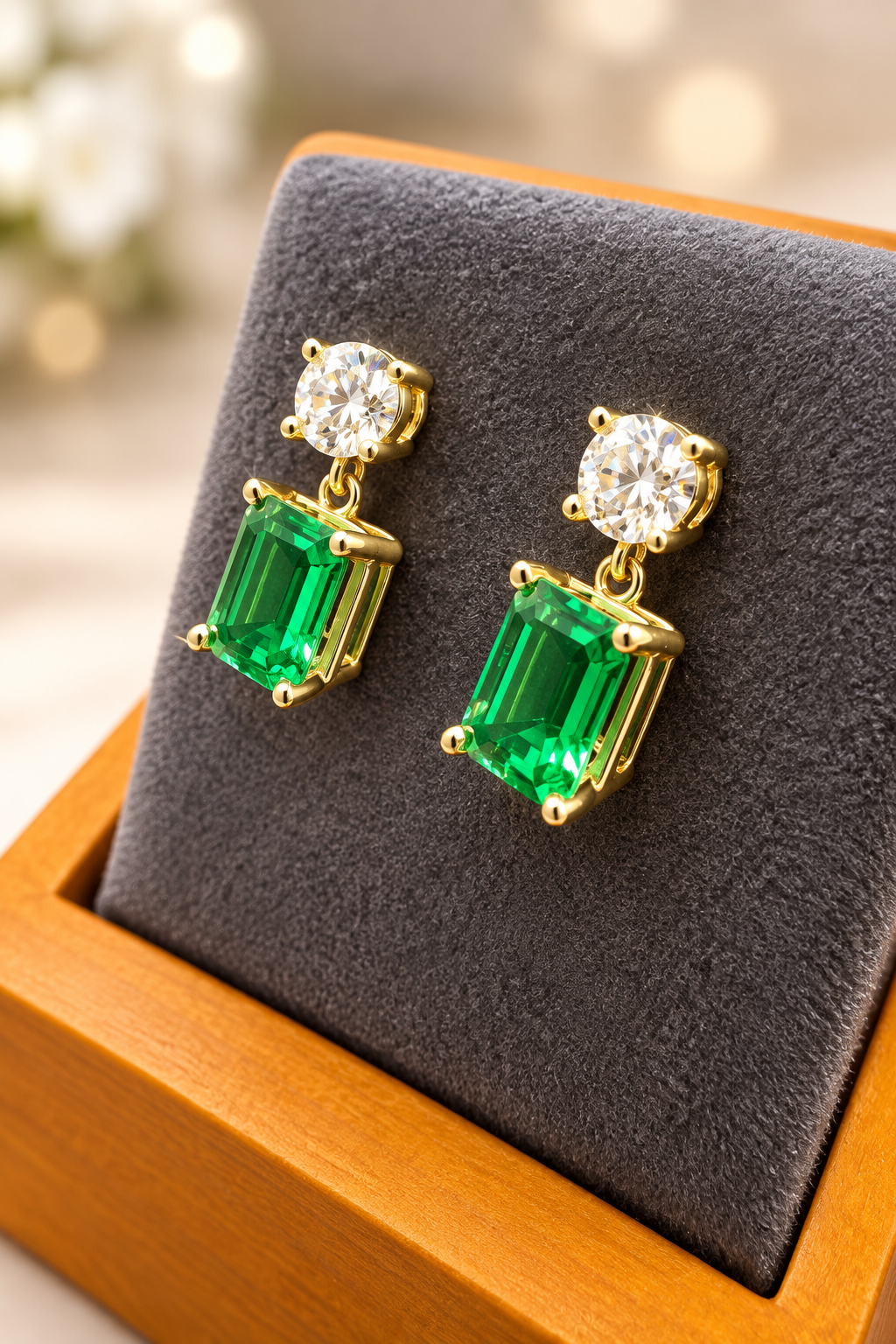 7×5mm Hydrothermal Emerald & F/VS Lab-Grown Diamond Dangle Earrings – 14K Yellow Gold