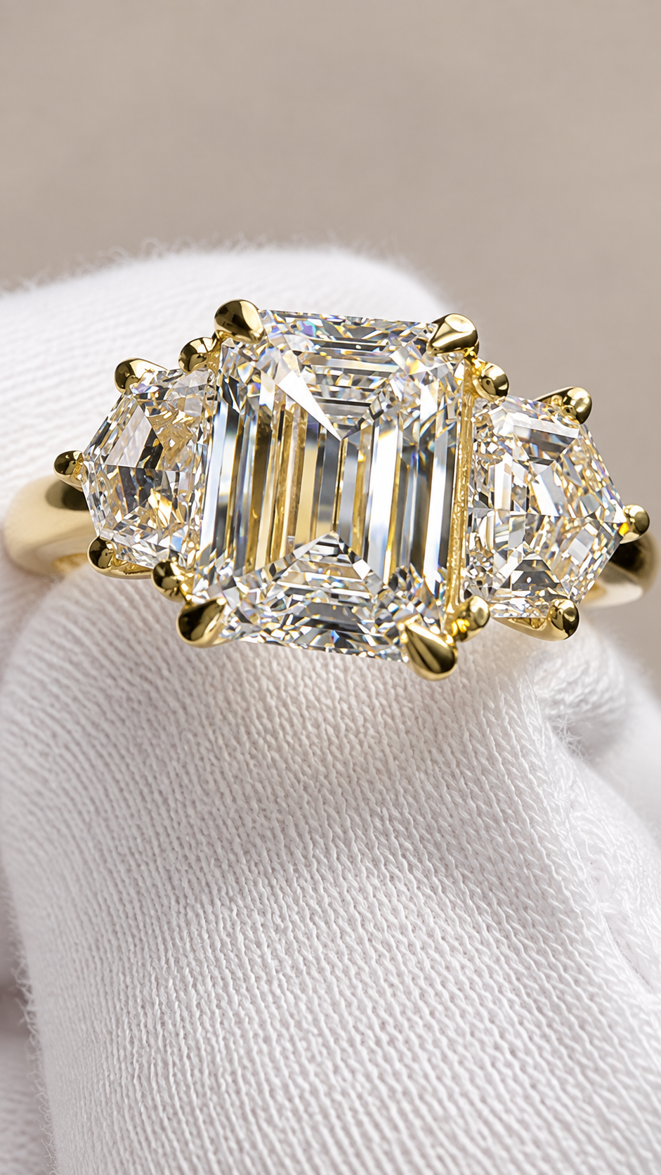 4.64 CTW Emerald & Cadillac-Cut Three-Stone Diamond Ring | 14K Yellow Gold | IGI Certified Lab Grown D VS1 Center