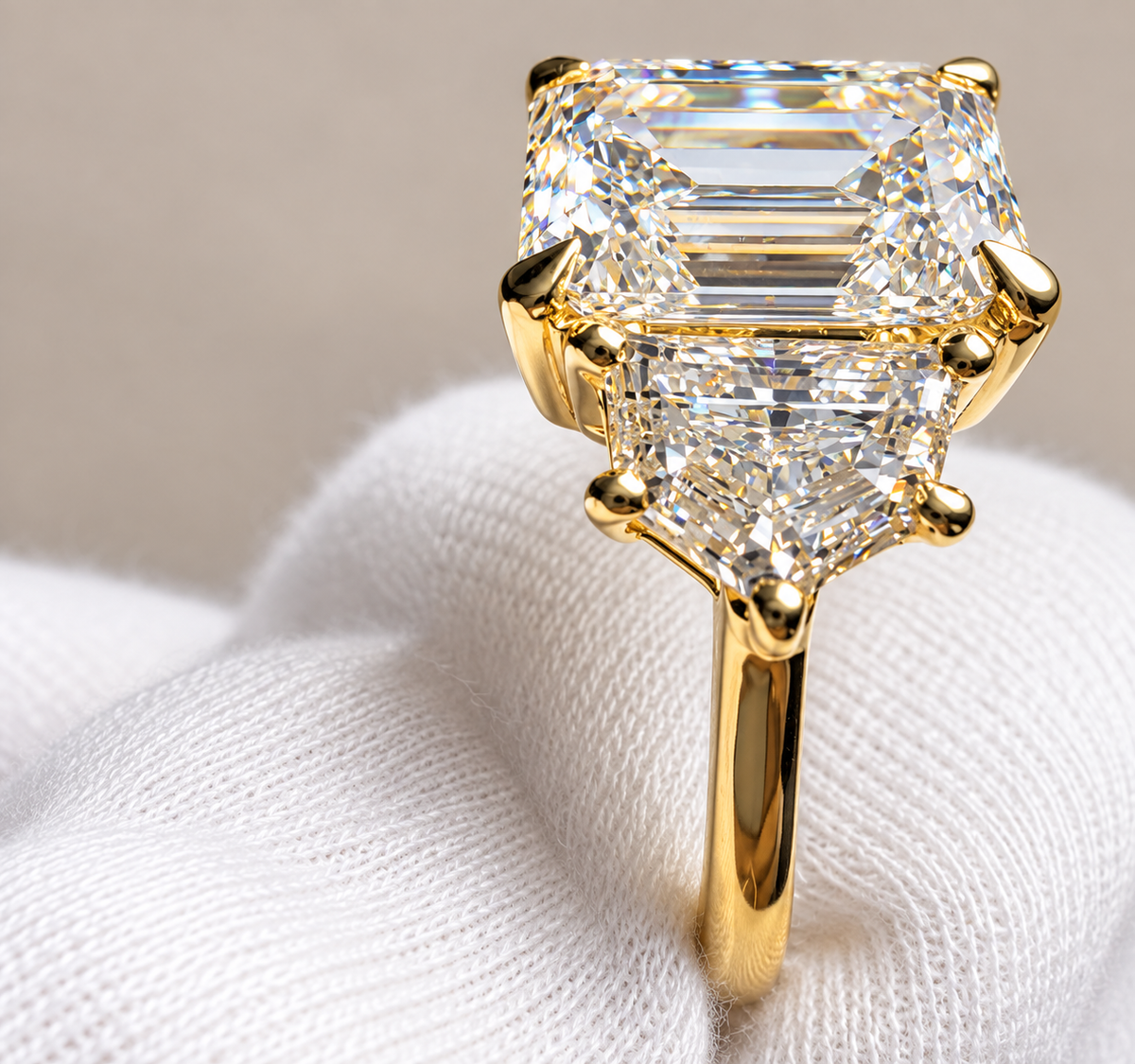 4.64 CTW Emerald & Cadillac-Cut Three-Stone Diamond Ring | 14K Yellow Gold | IGI Certified Lab Grown D VS1 Center