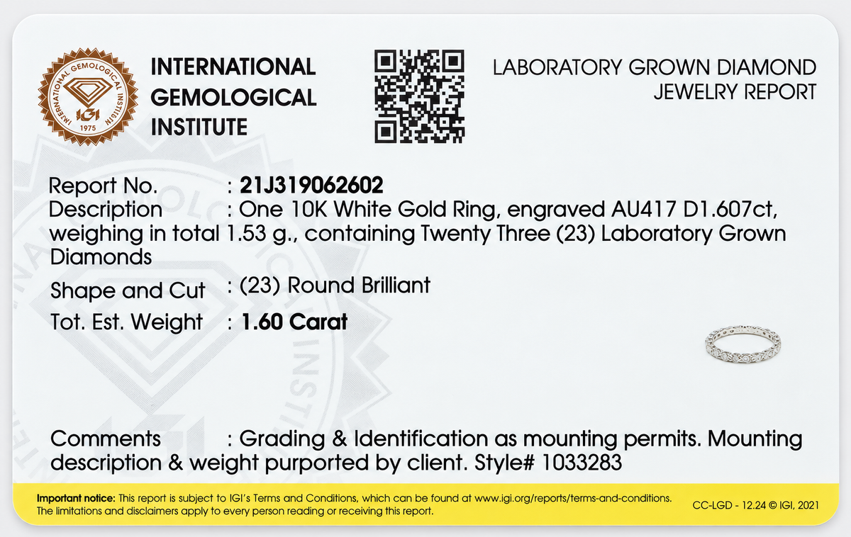 1.60 CTW Lab-Grown Diamond Eternity Band in 10K White Gold – IGI Certified - Size 7