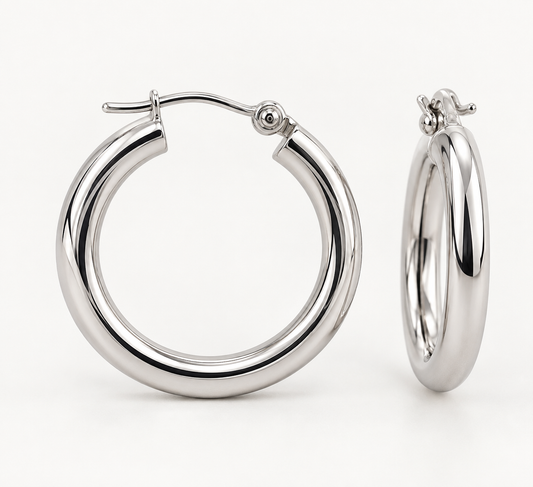 14K White Gold Polished Hoop Earrings – 3mm × 20mm