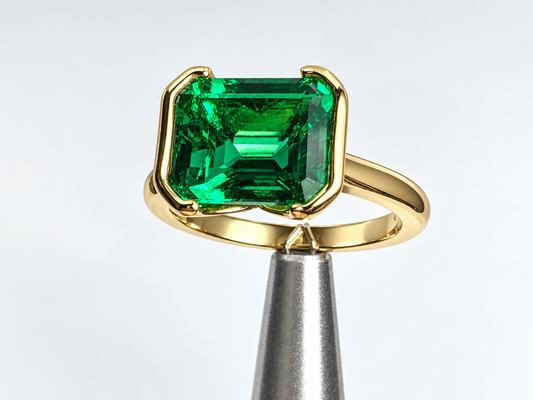 2.96 Ct Hydrothermal Emerald Bezel-Set East to West Ring – 10x8mm, Heavy 14K Yellow Gold