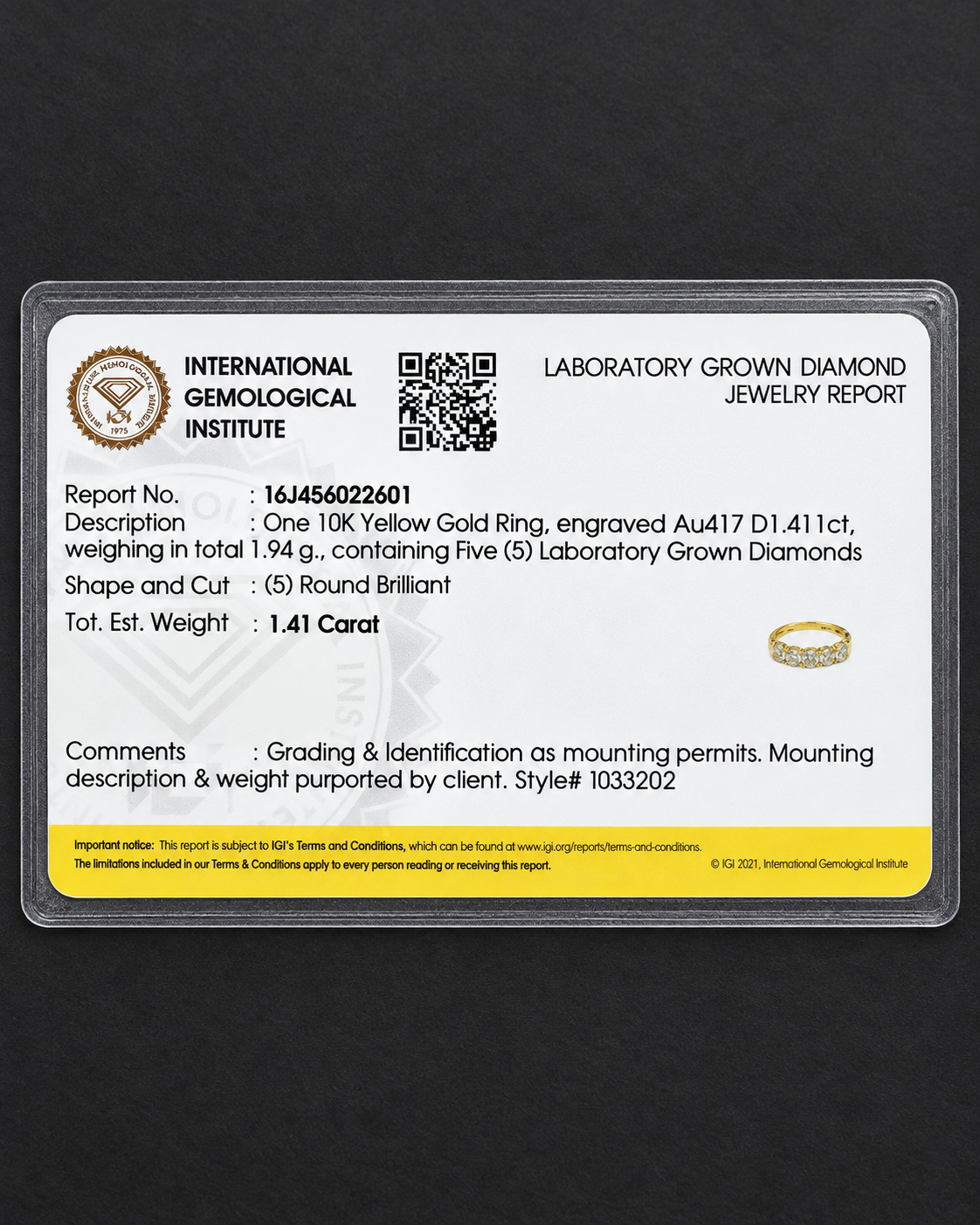 1.40 CTW Five-Stone Lab-Grown Diamond Band – 10K Yellow Gold | IGI Report
