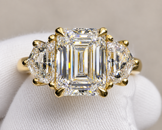 4.64 CTW Emerald & Cadillac-Cut Three-Stone Diamond Ring | 14K Yellow Gold | IGI Certified Lab Grown D VS1 Center