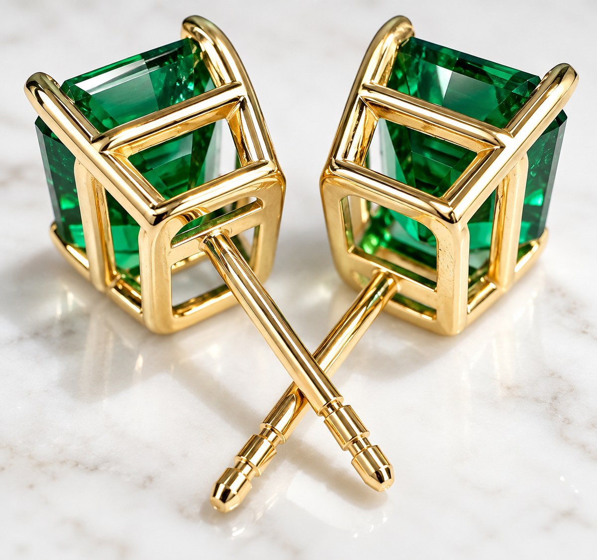 8×6mm Zambian Green Hydrothermal Emerald Stud Earrings | 14K Yellow Gold