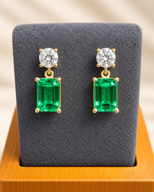 7×5mm Hydrothermal Emerald & F/VS Lab-Grown Diamond Dangle Earrings – 14K Yellow Gold