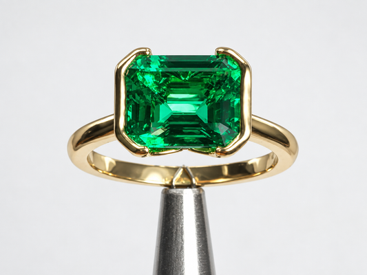2.96 Ct Hydrothermal Emerald Bezel-Set East to West Ring – 10x8mm, Heavy 14K Yellow Gold
