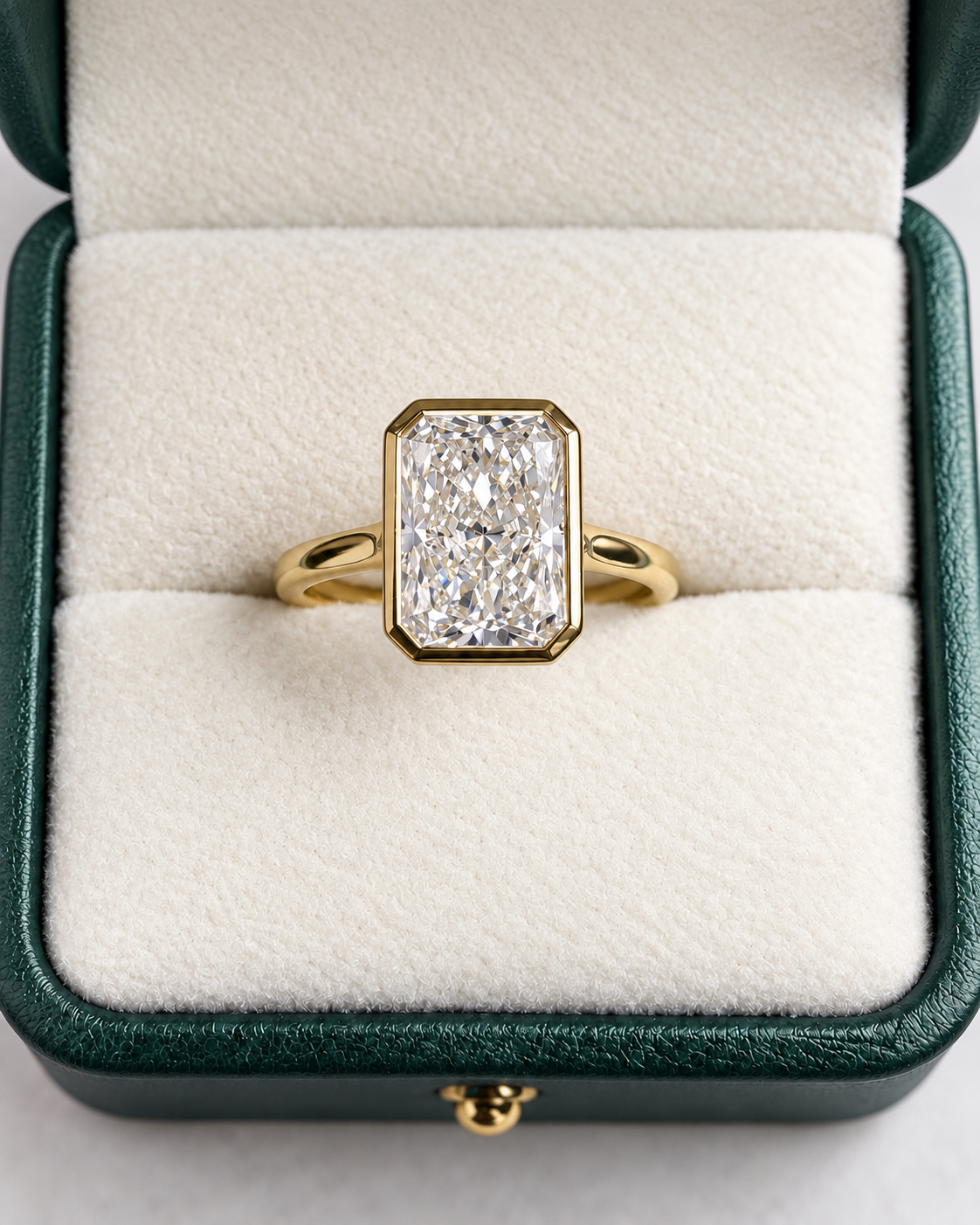 3 Ct E VS1 Radiant Cut Bezel Cathedral Engagement Ring – 14K Yellow Gold | IGI Certified
