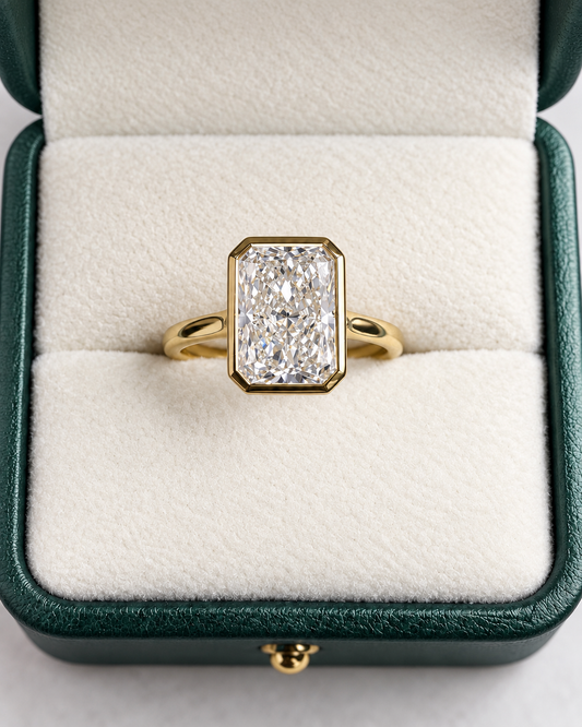 3 Ct E VS1 Radiant Cut Bezel Cathedral Engagement Ring – 14K Yellow Gold | IGI Certified