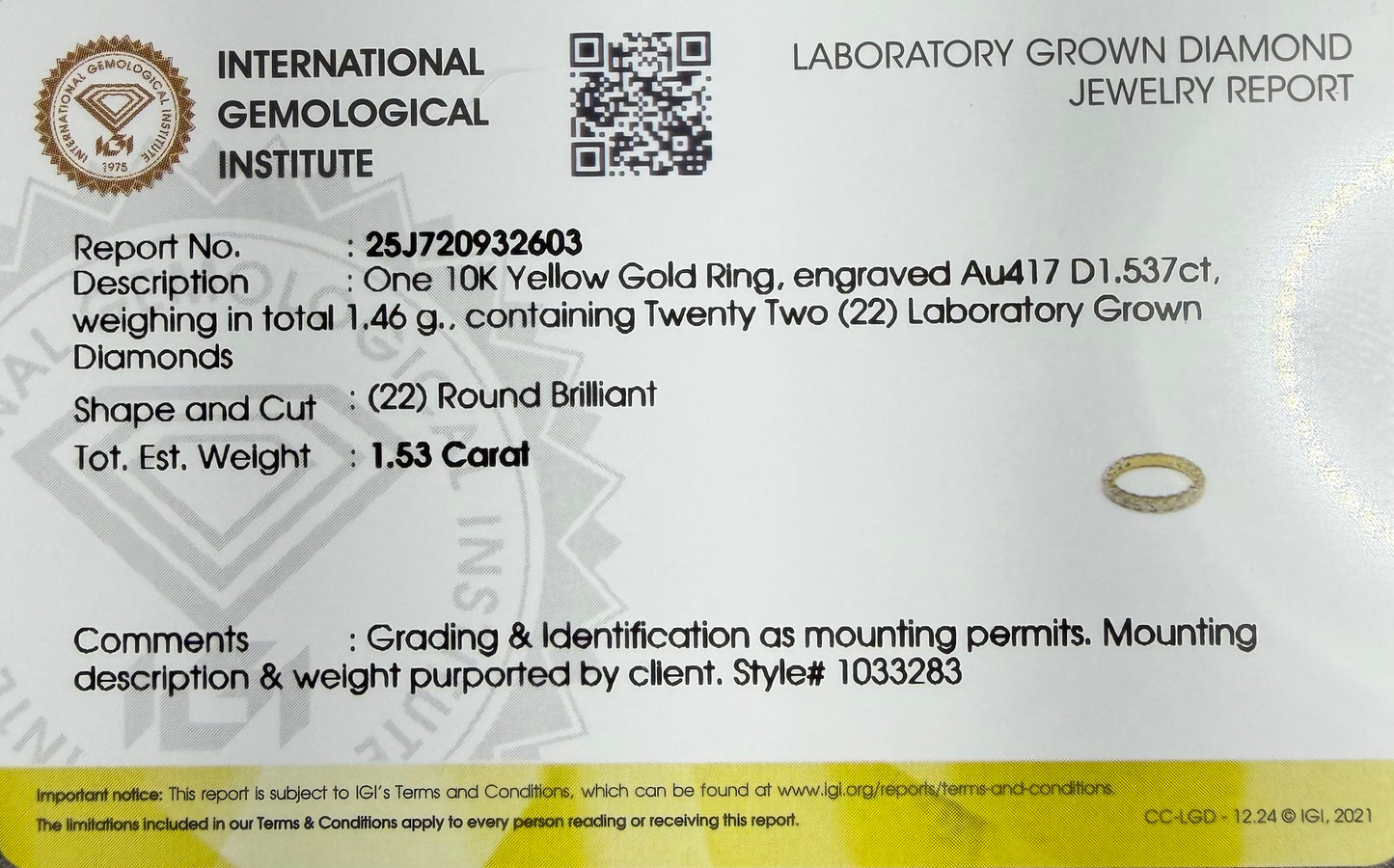 1.53 CTW Lab Grown Diamond Eternity Band in 10K Yellow Gold – Size 6
