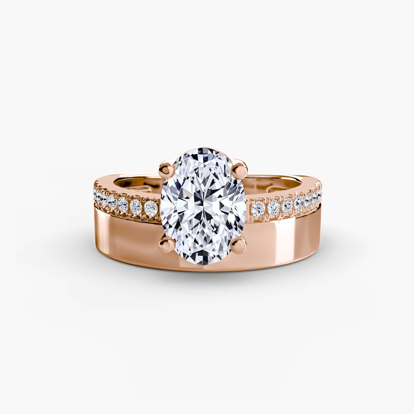 Wide Cigar Band Solitaire Engagement Ring with Pavé Accent