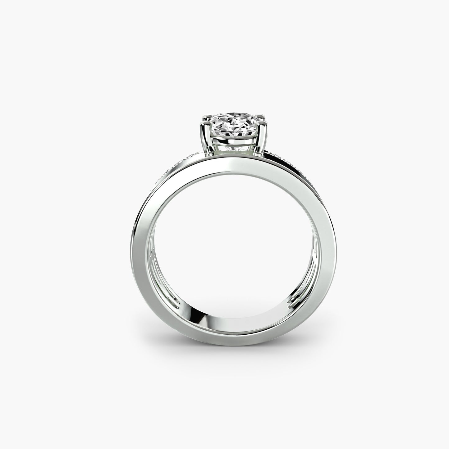 Wide Cigar Band Solitaire Engagement Ring with Pavé Accent